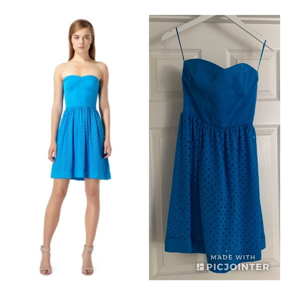 Rebecca Taylor Blue Silk Strapless Dot Dress 4 Cutout Bustier Cobalt Sweetheart